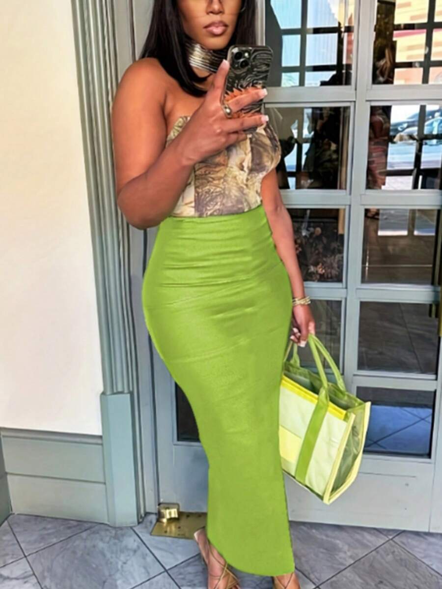 VaVaBold Women's Summer Casual Solid Color High Waist Slim Fit Long Skirt