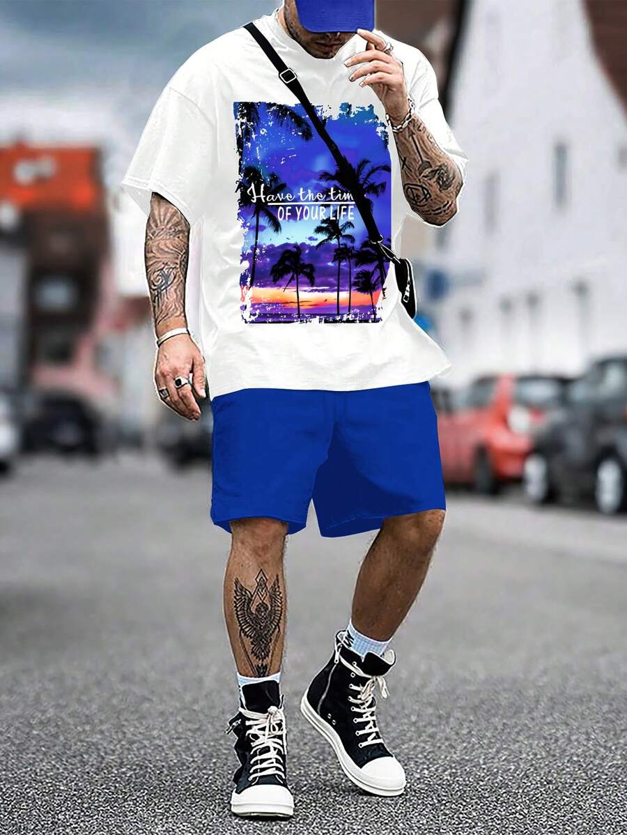 Manfinity Homme Men's Summer Slogan Palm Tree Printed Round Neck Short Sleeve Casual T-Shirt And Drawstring Waist Shorts Set