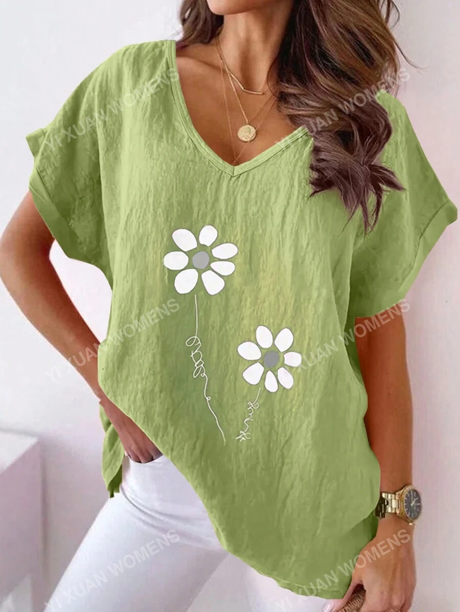 Plus Size Women's Printed V-Neck Comfortable Washed Casual Short Sleeve Summer T-Shirt