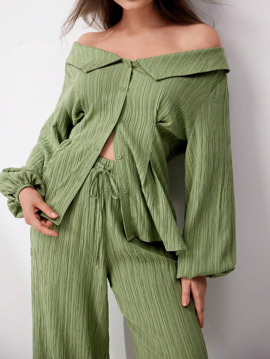 Mulvari Conjunto de dos piezas, Camisa de manga de linterna de unicolor de ocio vacacional para mujer y pantalón largo