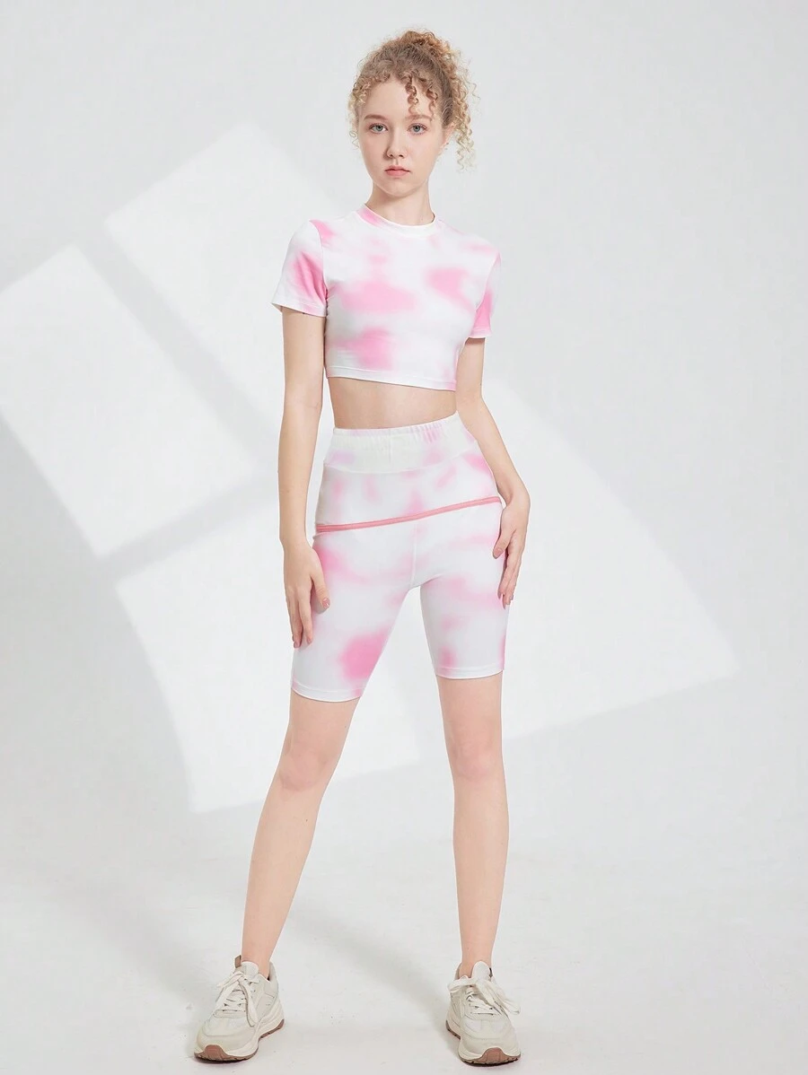 SHEIN Teen Girl Tie Dye Top cu mâneci scurte și pantaloni scurți Set sport de vară
