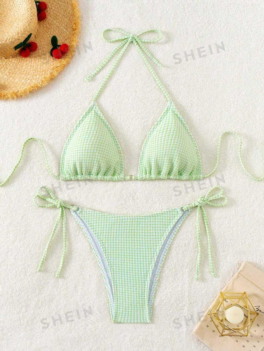 SHEIN Conjunto de bikini sexy para mujer con estampado de cuadros de playa de verano y cuello halter con traje de baño separado
