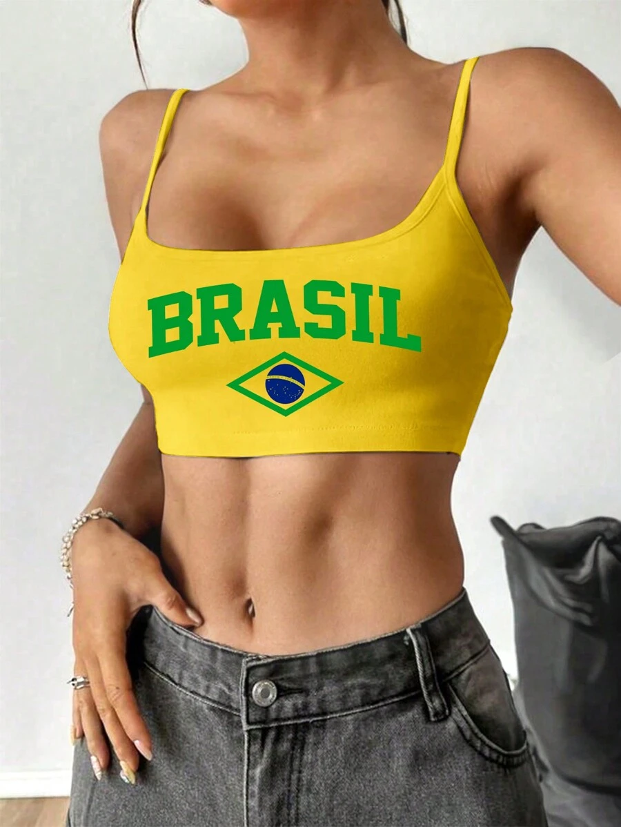 SHEIN EZwear Women's Brazil Printed Yellow Casual Tight-Fitting Cropped Sexy Camisole, Suitable For Summer Back To School