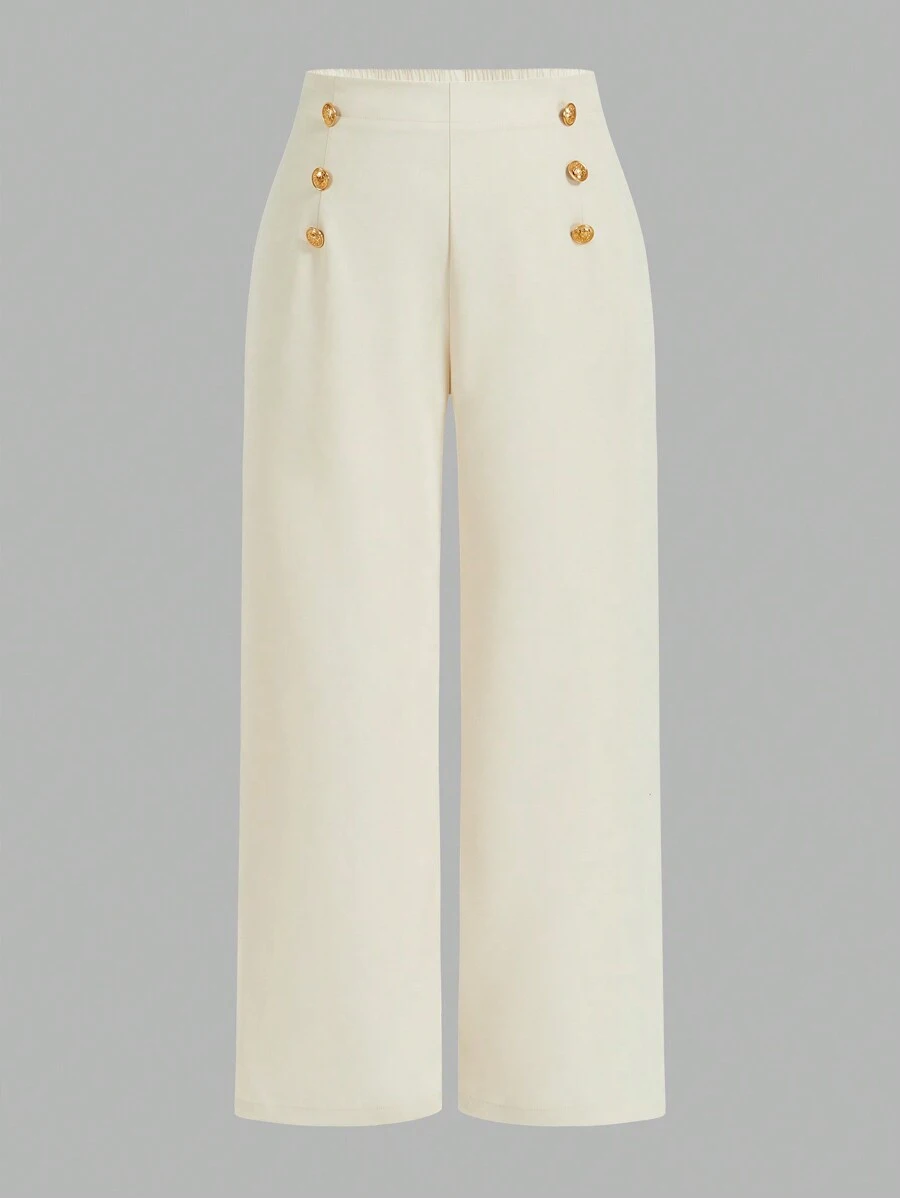 Firerie Plus Size Elegant Simplistic Double-Breasted Decorated Wide Leg Formal Pants For Summer