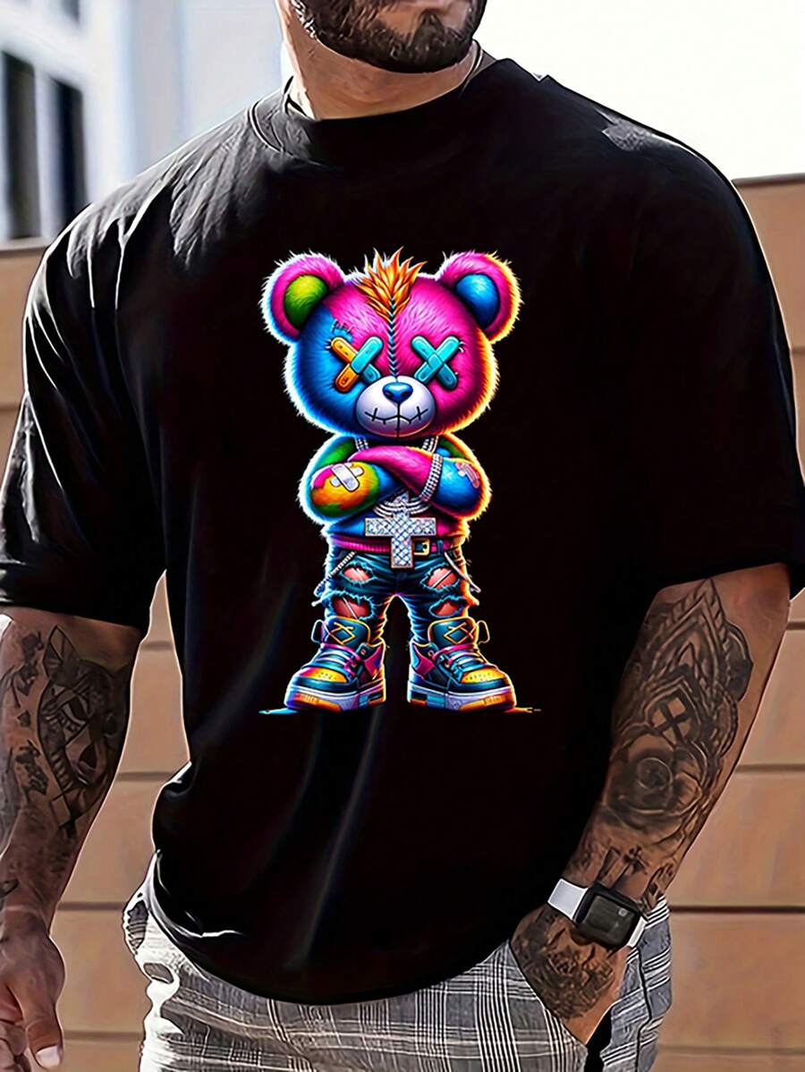 Camiseta casual de manga corta con cuello redondo y estampado de oso de dibujos animados para hombre de verano