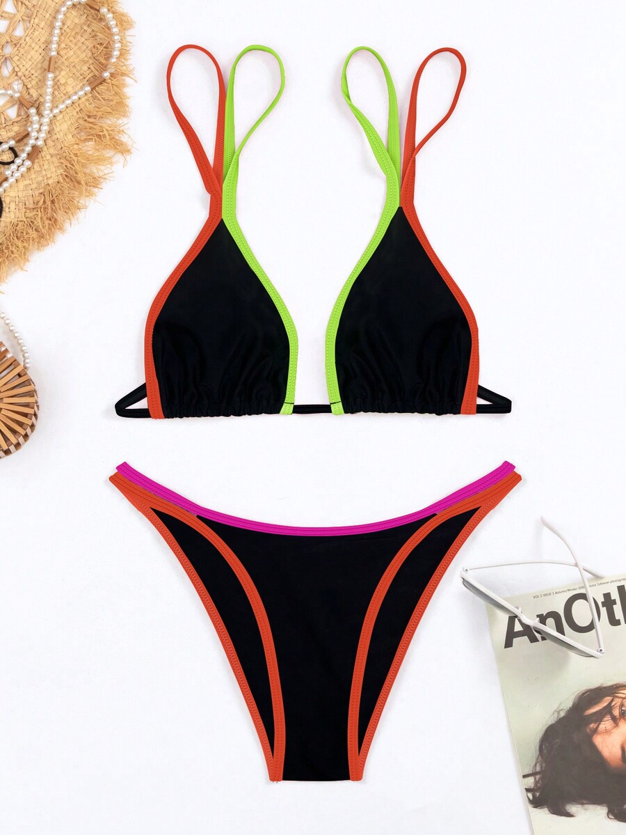 SHEIN Swim Women S Sexy Contrast Neon Trim Bikini Set Bathing Suit For Summer Beach Activities