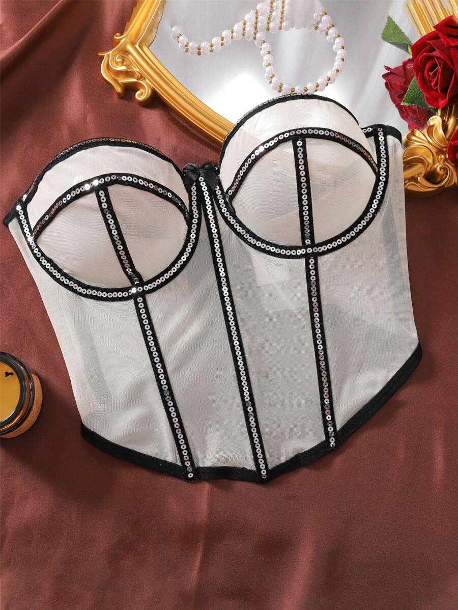 Top de corsé sexy para mujer decorado con lentejuelas en forma de espina de pez