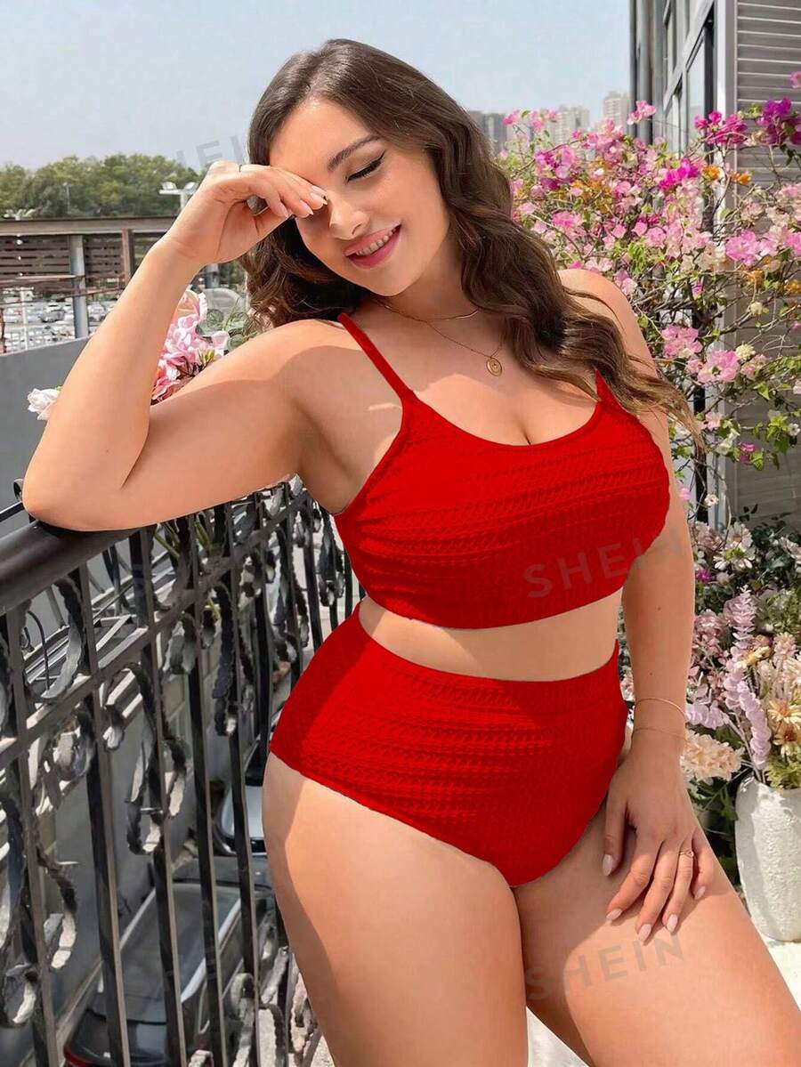 SHEIN Swim Curve Conjunto De Bikini Rojo Simple Diario Liso Para Mujeres De Talla Grande Con
