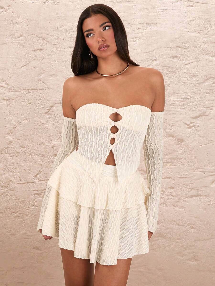 SHEIN BAE Summer Sweet Date Seaside Holiday Apricot Colored Texture Sensation Off Shoulder Cutout Button Front Split Hem Women's Top & Short Asymmetrical Hem Ruffle Trim Cake Skirt Women's 2pcs Set