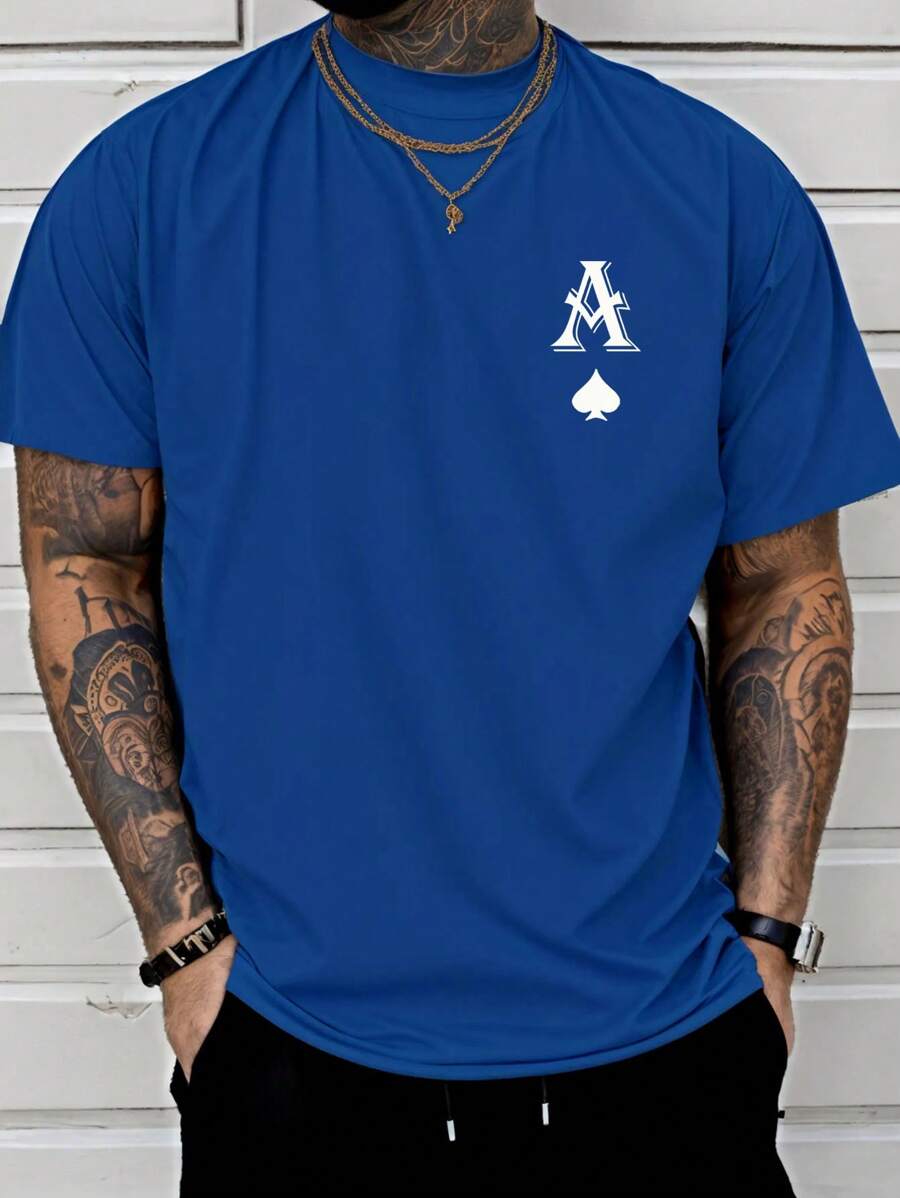 Men's Casual Poker Print Round Neck Short Sleeve T-Shirt, Suitable For Commuting, Summer