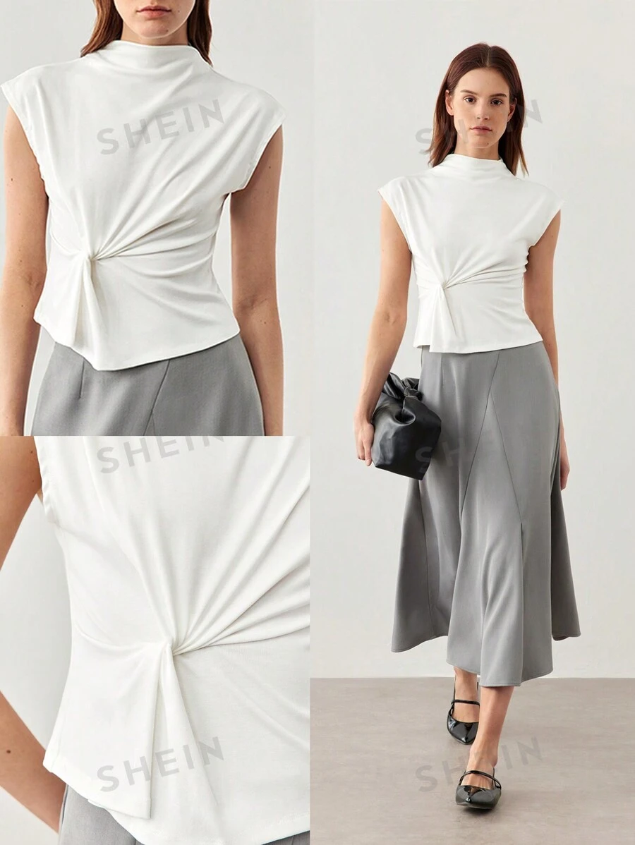 BizChic Top sin mangas de cuello alto con nudo elegante para mujer, atuendos de mujer para otoño