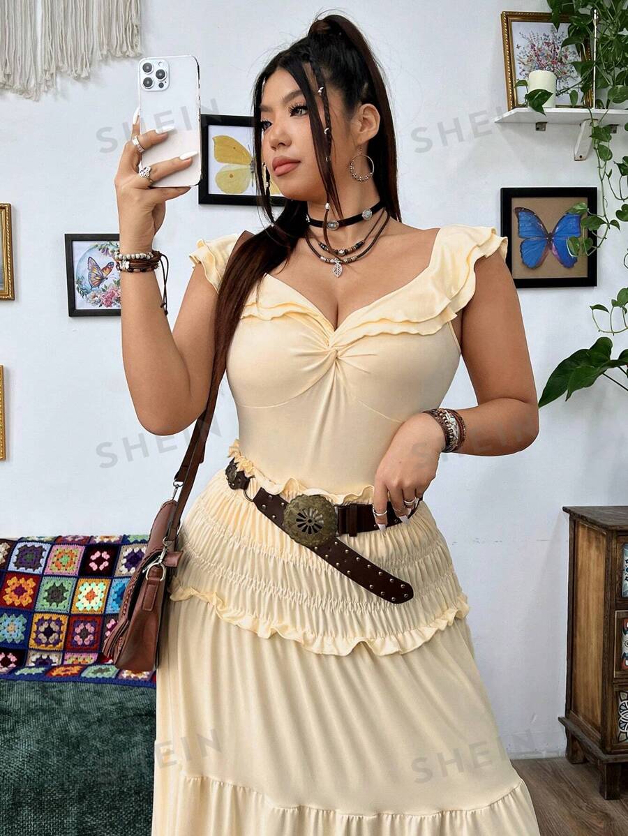 Flirla Conjunto de 2 piezas de moda festiva de talla grande: Top con volante en el dobladillo y detalle de torsión en la parte delantera en unicolor con Falda larga abullonada y plisada.