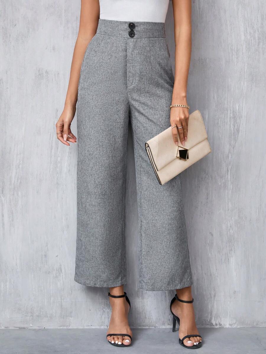 SHEIN Clasi Women's Elegant Green Wide Leg Pants With Pocket, Pleated, Zipper And Button Closure Dress Pants