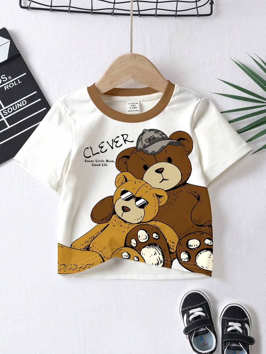 SHEIN Bear & Baby Boy Casual Cartoon Bear Pattern Loose Fit Short Sleeve Round Neck T-Shirt, Summer