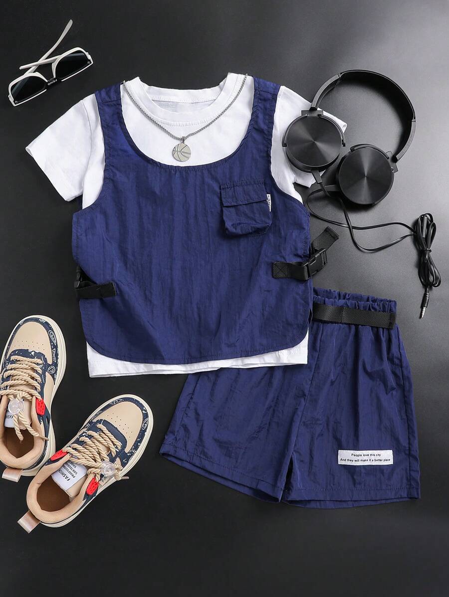 Jungen cooles Arbeitskleidung Westen- und Shorts Set, Frühlings- und Sommer tägliche Kleidung