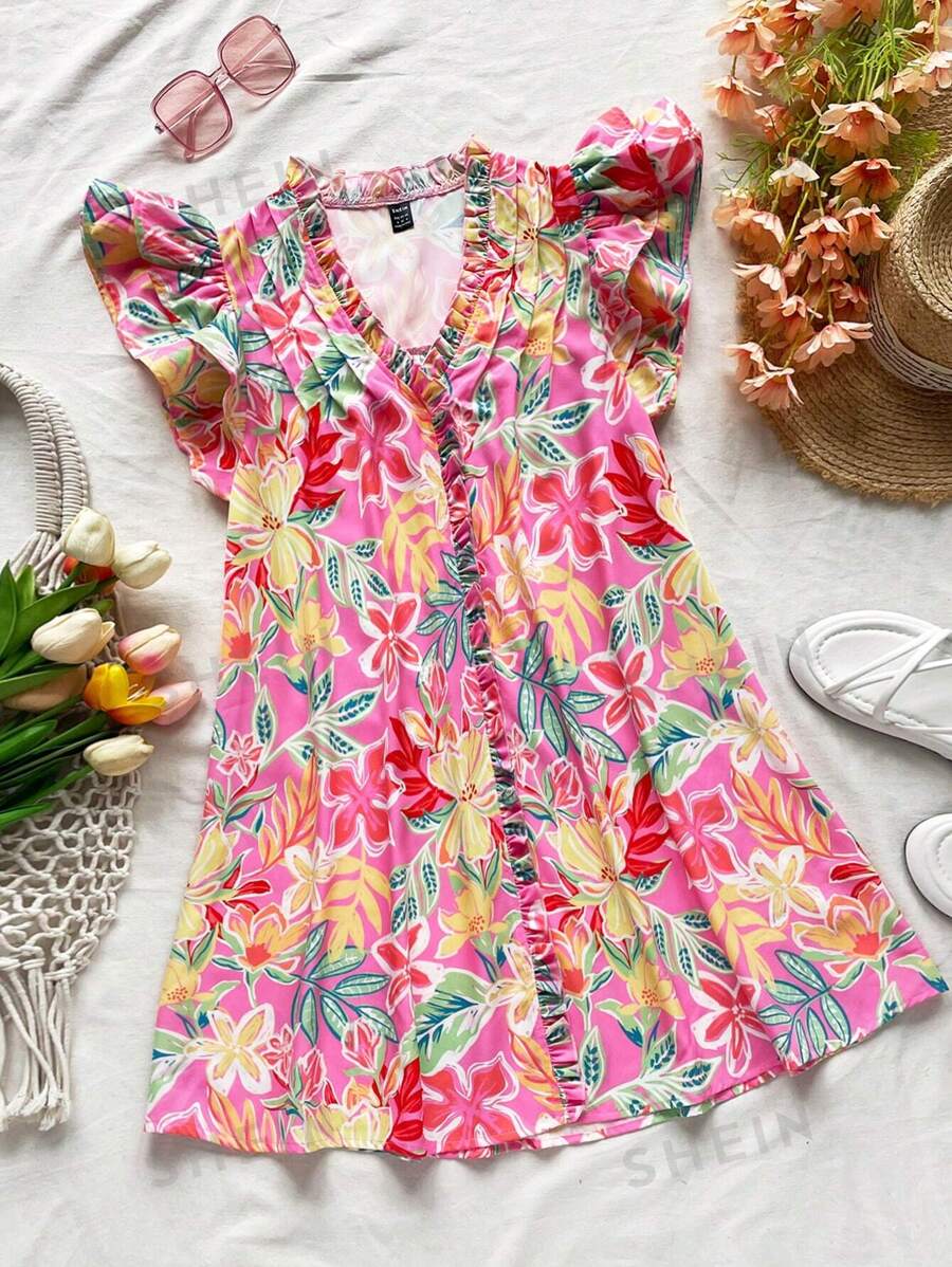 Soleia Vestido de verano suelto y casual en color rosa, con espalda ancha, decoración con volantes de madera y estampado floral tropical, adecuado para bodas, graduaciones y almuerzos