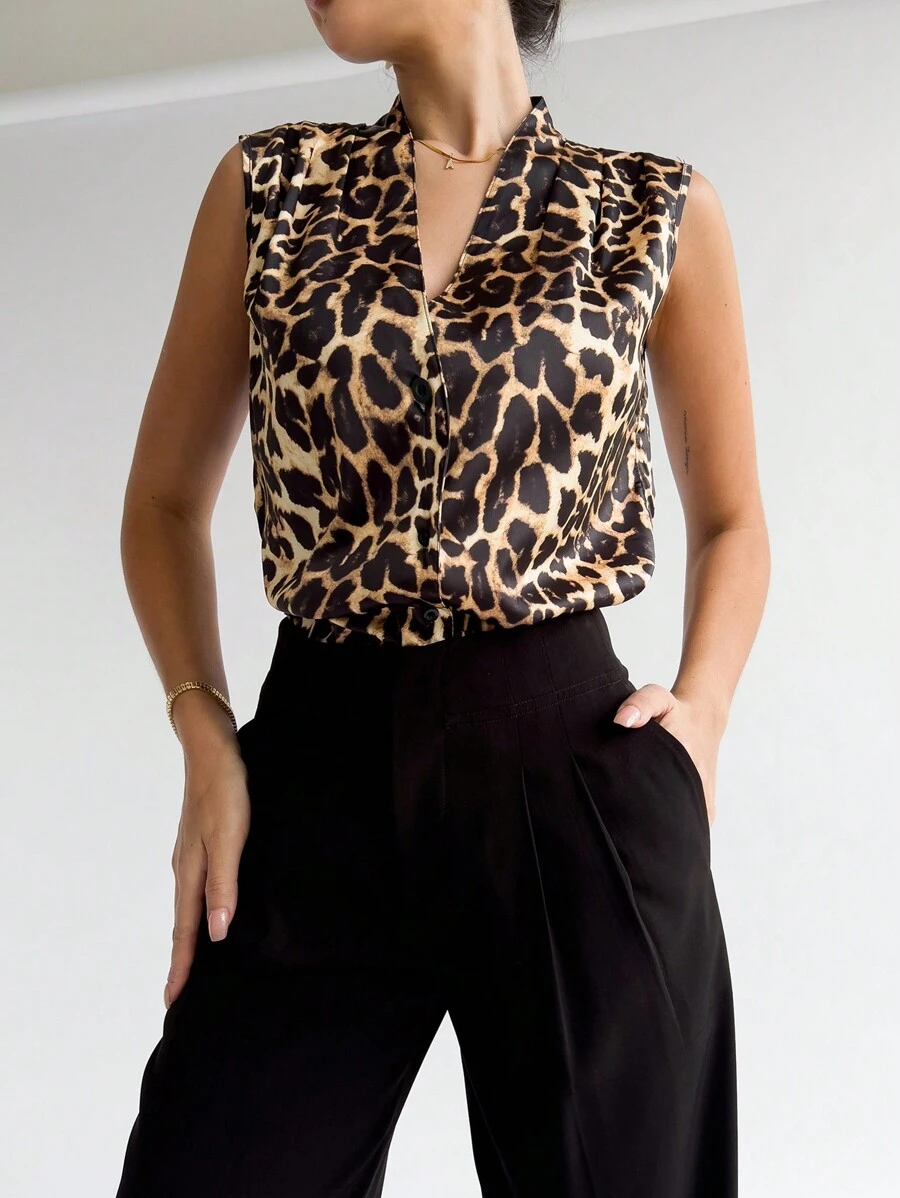 SHEIN Privé Leopard Print Button Front Work Women Shirt Blouse