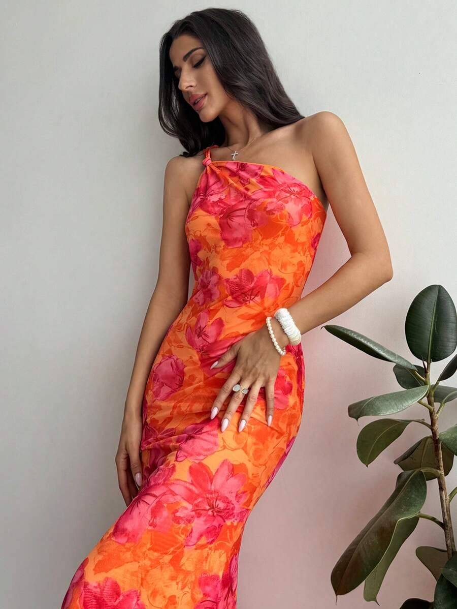 Firerie Vestido largo y elegante con estampado floral, diseño de cola de pez con dobladillo retorcido y un solo hombro, adecuado para vacaciones, citas y festival de música para mujeres
