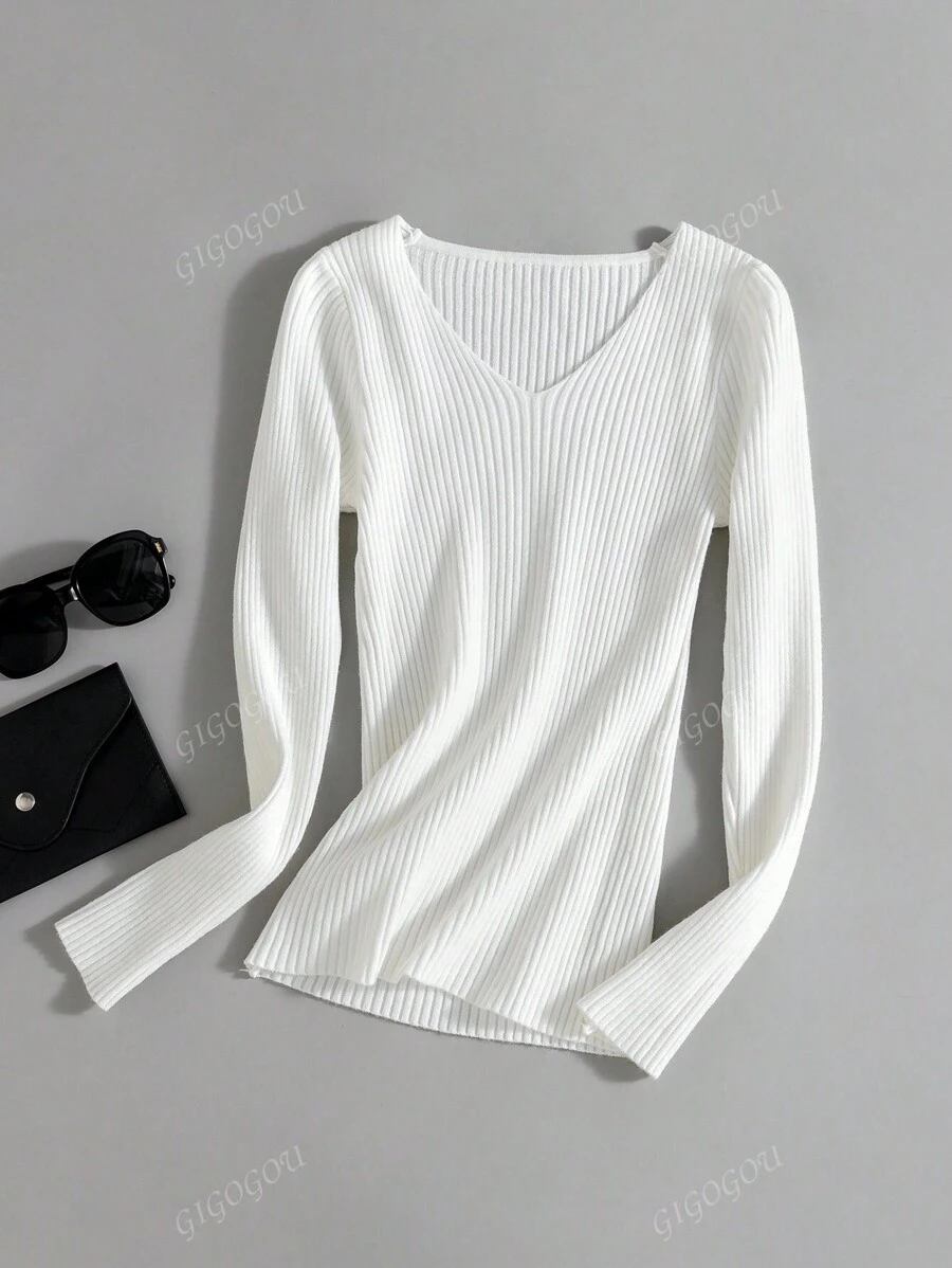 Spring Autumn V Neck Basic Women Rib Sweater,Long Sleeve Tops