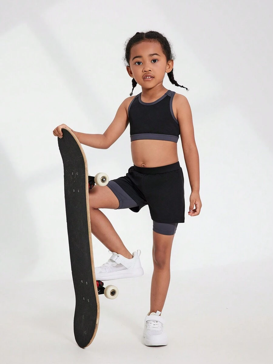 SHEIN Conjunto deportivo para niñas jóvenes con top sin mangas + shorts holgados de bloques de color, ropa deportiva transpirable y cómoda para exteriores