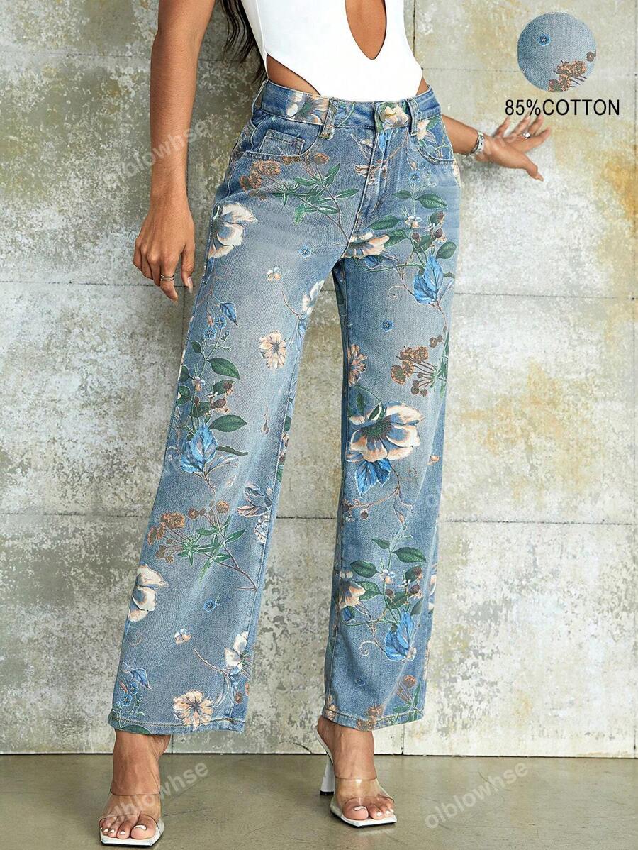 90s Vintage Floral Print High Waist Slant Pocket Wide Leg Jean Casual Street Hottie Outfit