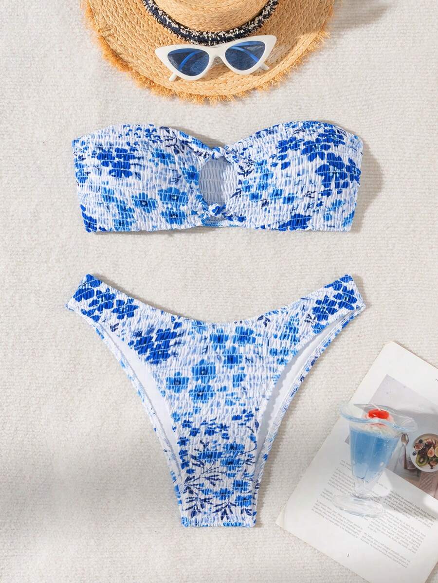 SHEIN Swim Women's Summer Beach Floral Strapless Hollow Out Sexy Two-Piece Bikini Set, Random Print
