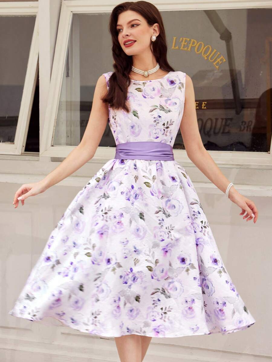 Vintamour Abiti vintage eleganti per donne taglie forti, con motivo jacquard a rose e fiocco, adatti per vacanza/festa, vestiti estivi da donna, vestiti da cerimonia, per laurea, per matrimonio come ospiti, abiti leggeri da donna per vacanze, abiti estivi da donna, abiti eleganti e formali per donne, abiti da Pasqua, di compleanno, da cerimonia