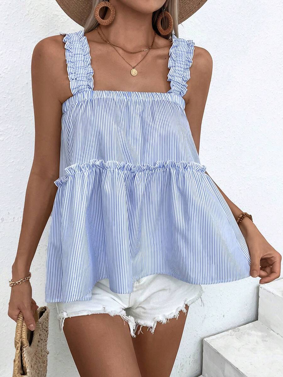 Chiquease Women's Striped Holiday Casual Tank Top With Ruffle Trim
