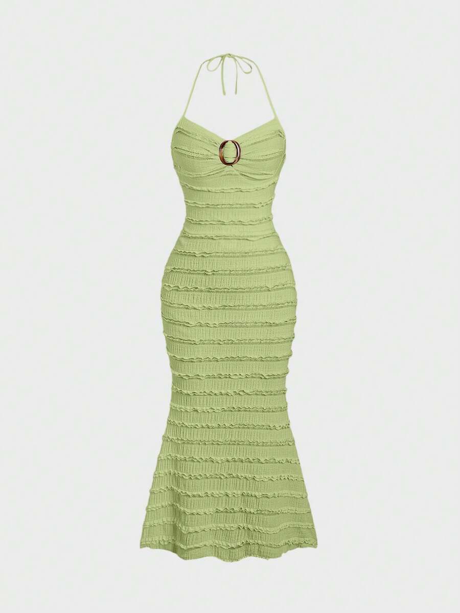 Sweetra Vestido maxi para mujer de verano con estampado de unicolor, capa múltiple con volantes, anilla redonda y dobladillo de sirena con cuello halter