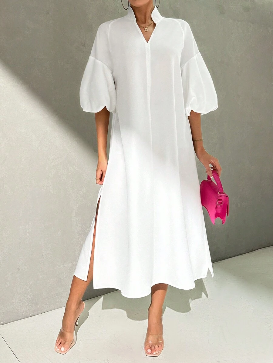 SHEIN Privé Ladies' Elegant Summer Lantern Sleeve Midi Loose Dress With Stand Collar, Suitable For Daily Wear, Vacation, Beach, Romantic Dates, Weddings, And Evening Parties