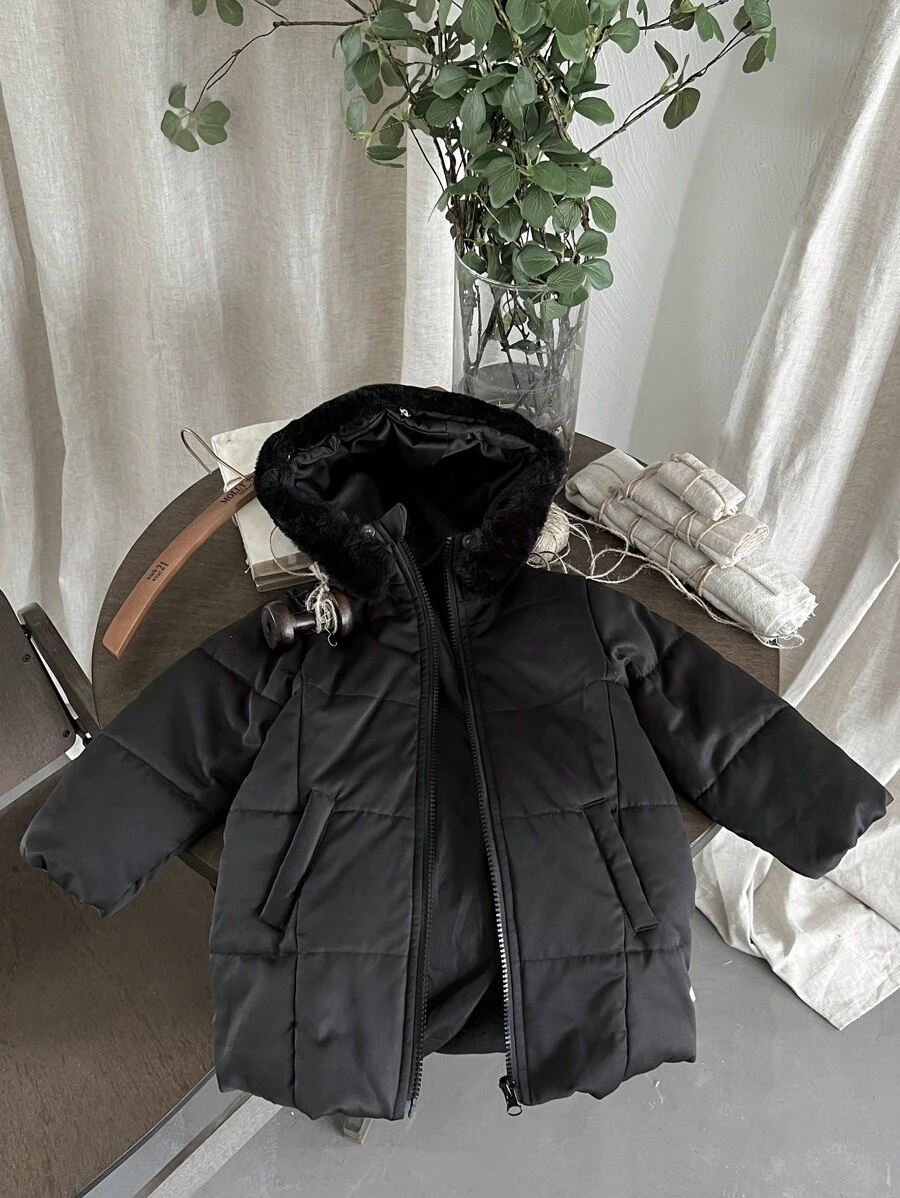 Baby Girl Black Stylish Mid-Length Jacket With Matching Handkerchief, Autumn/Winter
