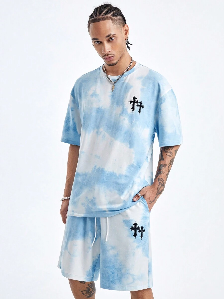 Manfinity VCAY Men's Loose Fit Cross Print Round Neck Knit T-Shirt Set, Suitable For Summer
