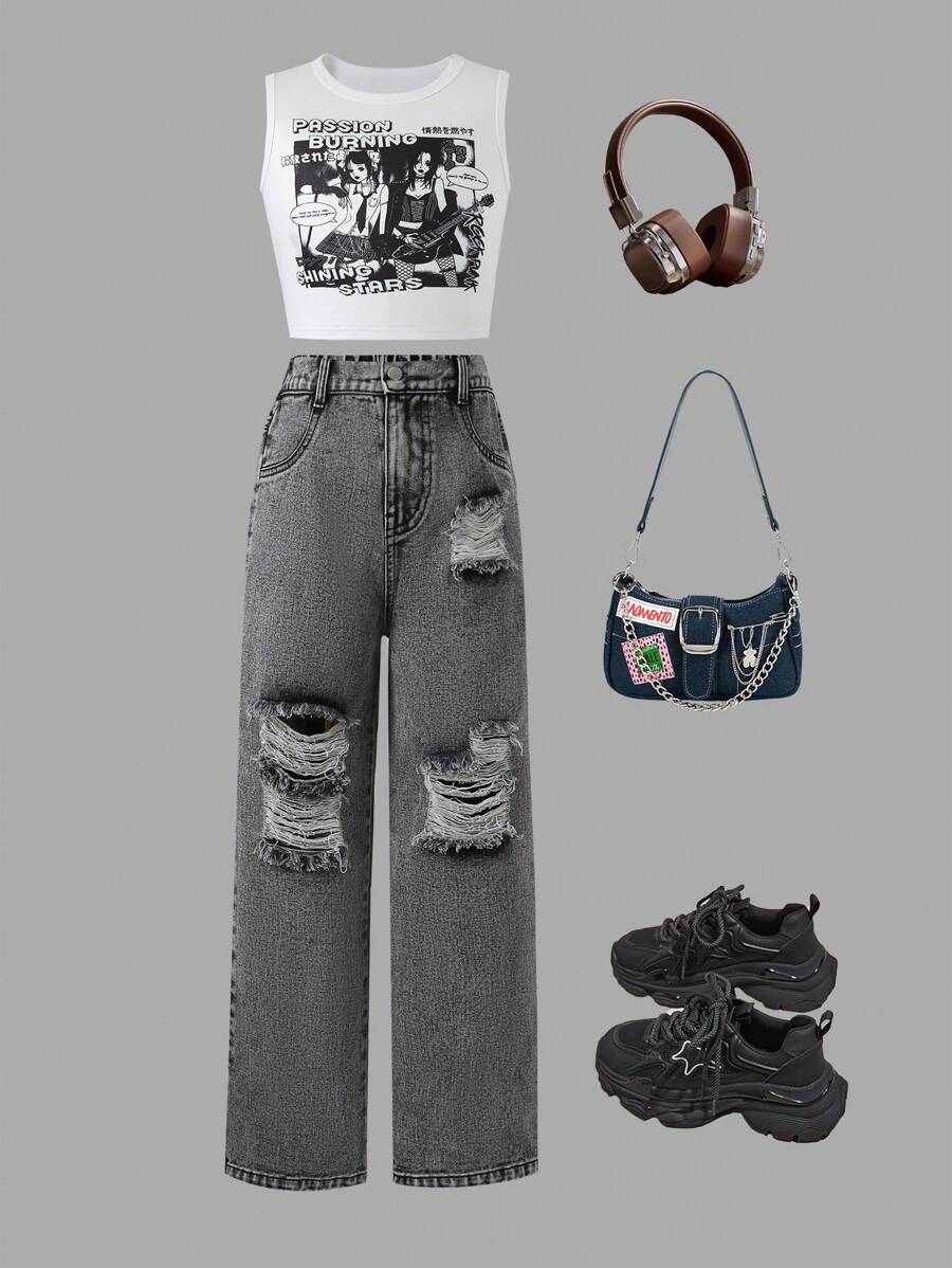 SHEIN Sommerliches Set für Tween Mädchen: Einfaches, bedrucktes Tank Top und ausgewaschene Denim-Hose