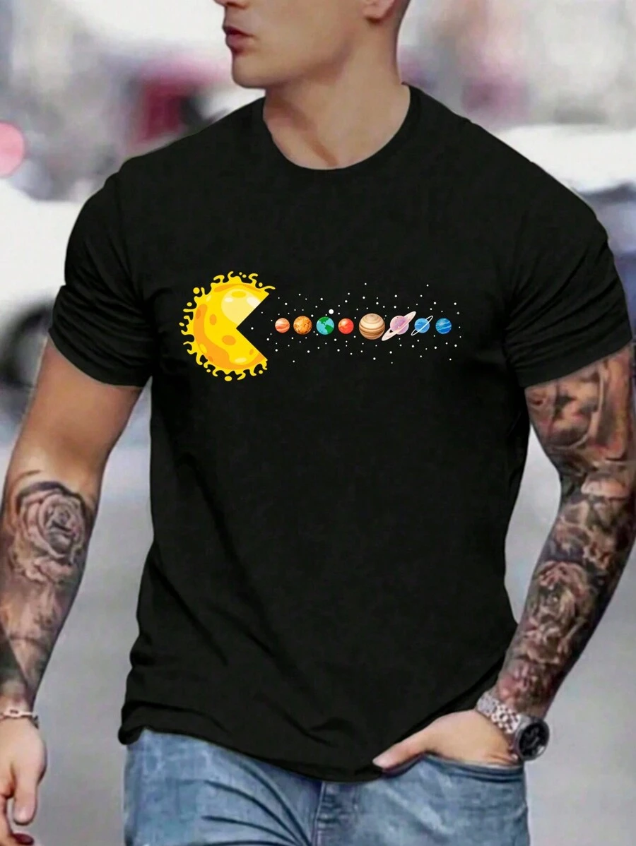 Camiseta casual de manga corta de cuello redondo con estampado de planeta para hombre, holgada