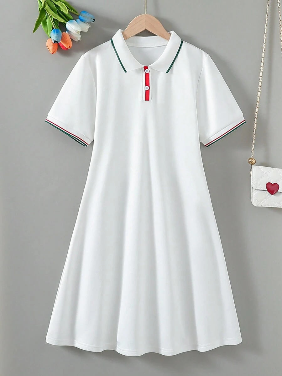 Vestido casual con cuello de polo blanco para adolescentes, apropiado para volver al colegio, vacaciones, verano y viajes