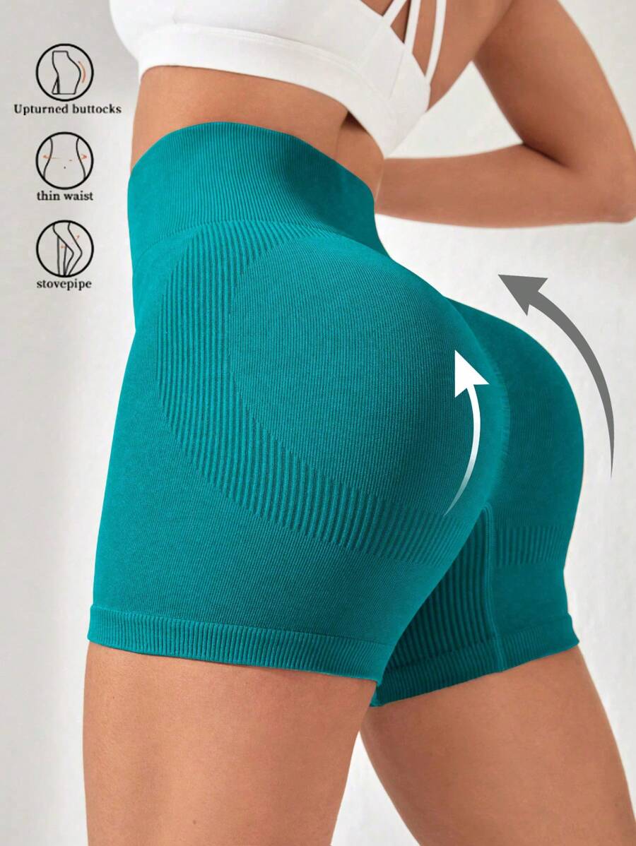 SHEIN Sport Studio Pantaloncini sportivi con fascia vita larga, pantaloncini da donna blu, pantaloncini fitness, pantaloncini da ciclista