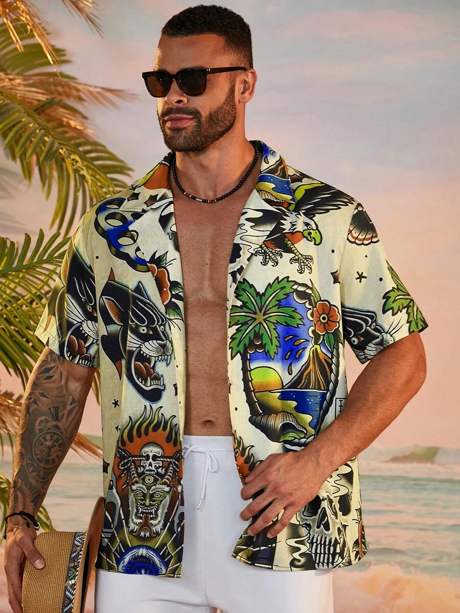 Manfinity RSRT Camisa casual de verano de manga corta con estampado integral de talla grande