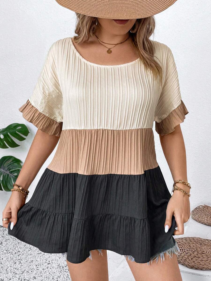 Breezaya Blouse à manches volantées de blocs de couleurs décontractée pour les vacances de grande taille