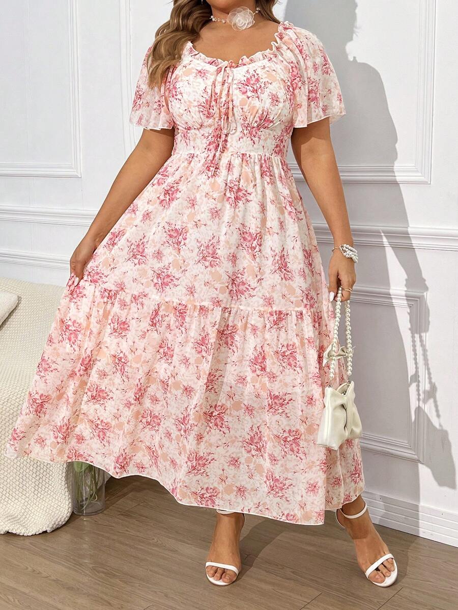 Franclia Plus Size Floral Printed Sweetheart Neckline Dress With Pleats, Ruffles Hemline And Short Sleeves, Summer