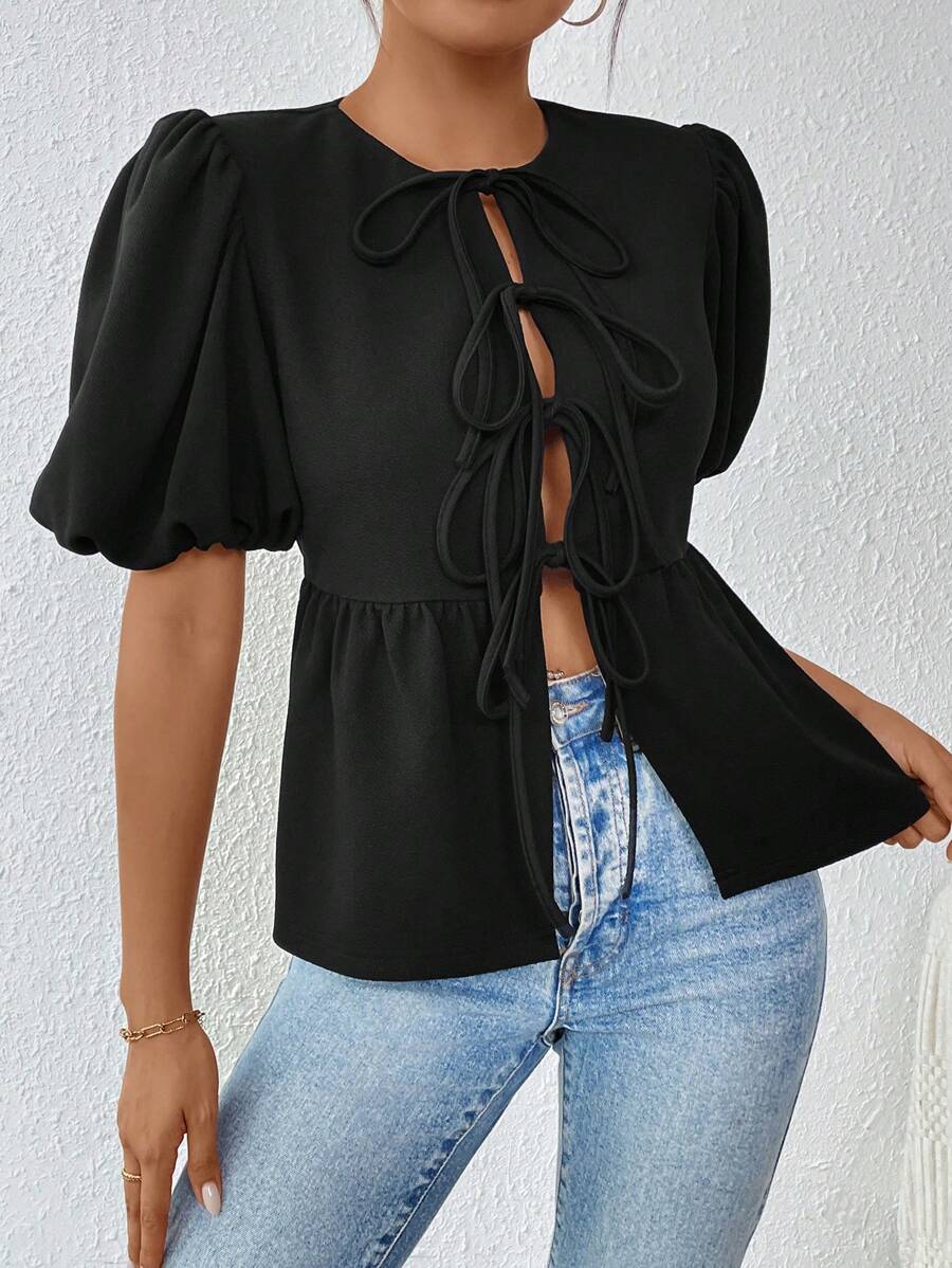 SHEIN Essnce Shein Essnce Women's Summer T-Shirt Girlhood Aesthetic Tie Front Black Polka Dot Tie Front Puff Sleeve T-Shirt, Summer