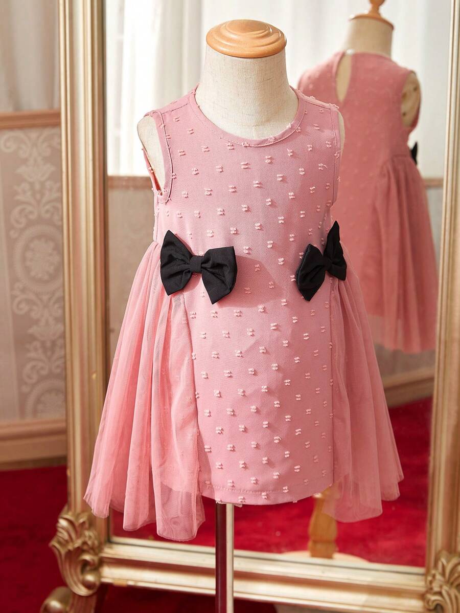 SHEIN Ärmelloses Rundhalsausschnitt Kleid mit Mesh-Splice für Baby Mädchen mit wunderschöner Schleifenverzierung