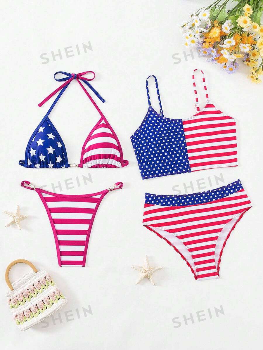 Conjunto de brasier y calzón inferior con estampado de bandera de EE.UU. Traje de baño para el 4 de julio, para verano y playa