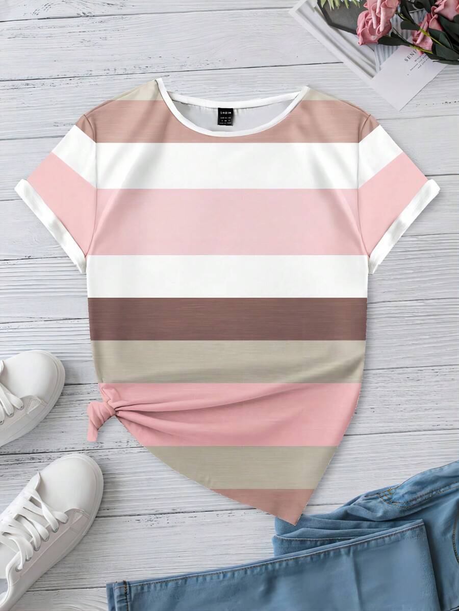 EMERY ROSE Casual Colorful Striped Pattern Printed Loose Plus Size T-Shirt, Summer