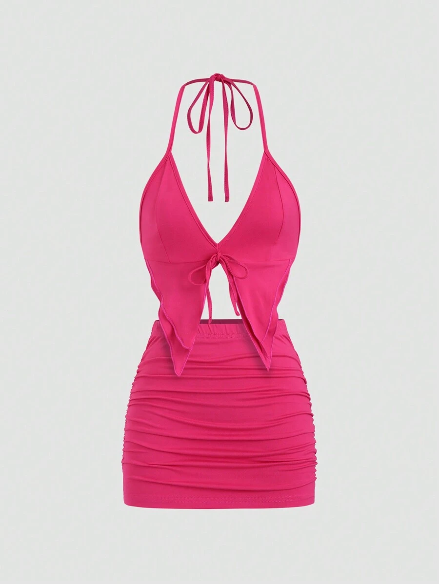 EgrlEra Conjunto de 2 piezas con top de cuello halter sin mangas y falda, estilo Y2K