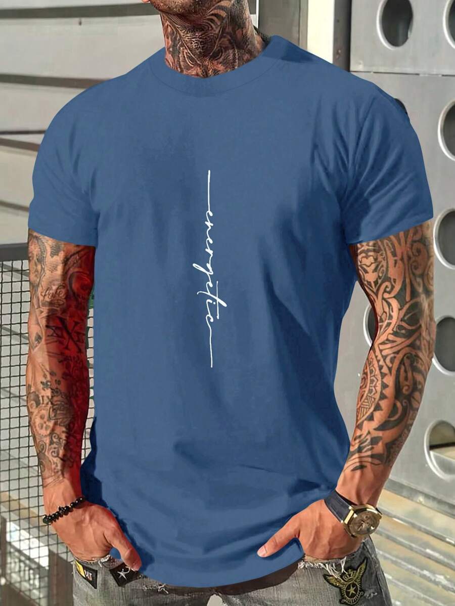 RueChic Tricou cu mânecă scurtă cu imprimeu cu litere pentru bărbați