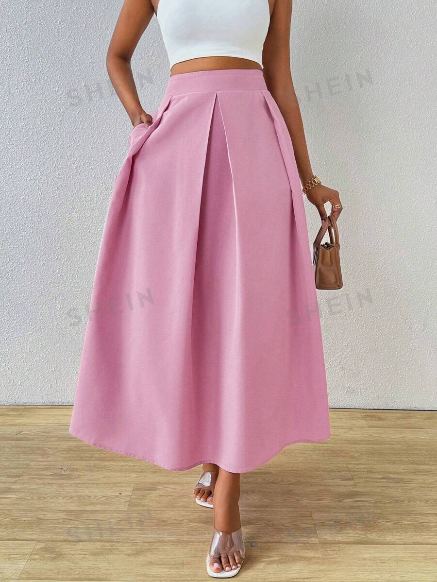 SHEIN Clasi Falda plisada de cintura alta con gran vuelo elegante para mujeres, conjunto maxi de verano para mujeres