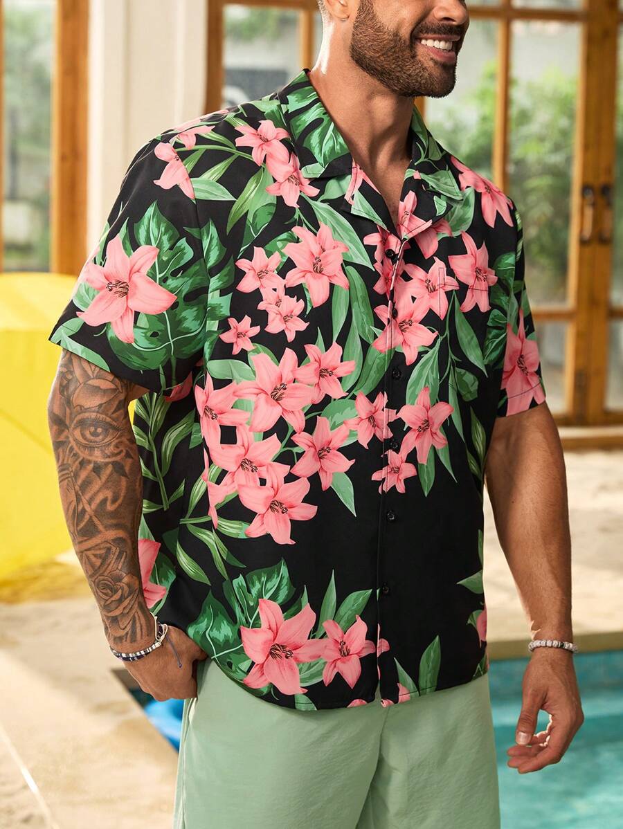 ResortEase Camisa de manga corta con estampado aleatorio para hombre de talla grande