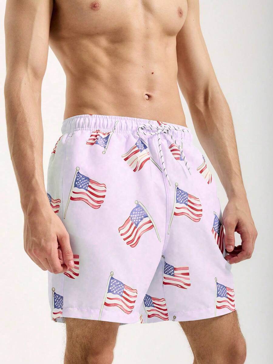 Manfinity Swimmode Men's American Flag Printed Drawstring Waist Loose Beach Shorts For Vacation
