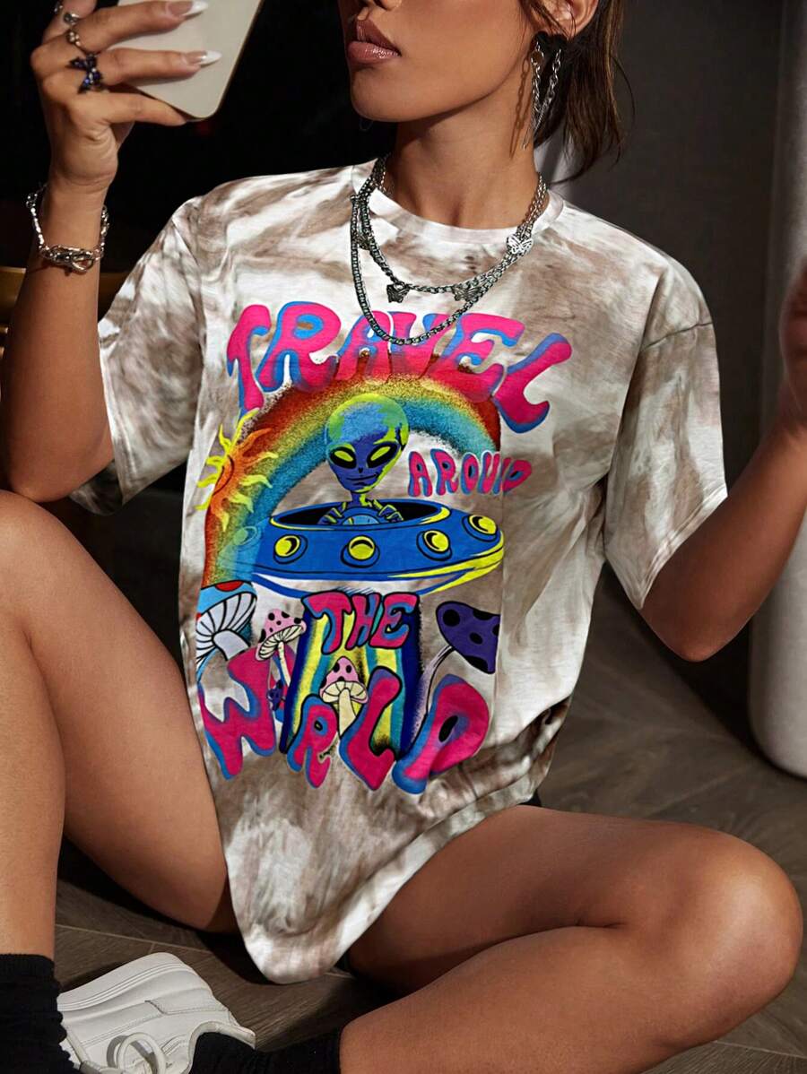 Flirla Women's Summer Alien Letter Print Round Neck Casual Short Sleeve T-Shirt