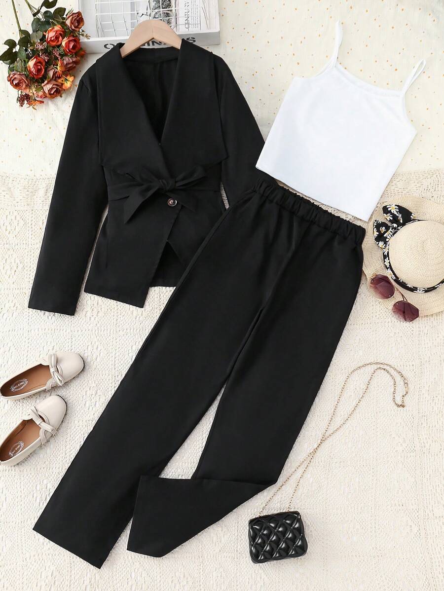 Teen Girls Solid Cami Top & Pants & Open Front Coat For Spring & Summer